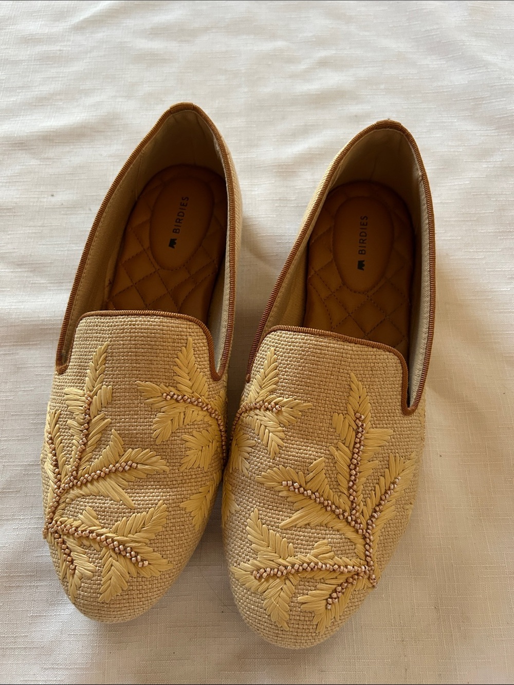 Birdies Beige Raffia Loafers with Leaf Embroidery